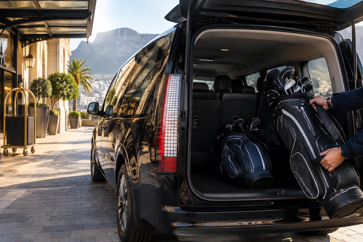 Golf bags being loaded into the back of a black Hyundai Staria outside a Cape Town hotel