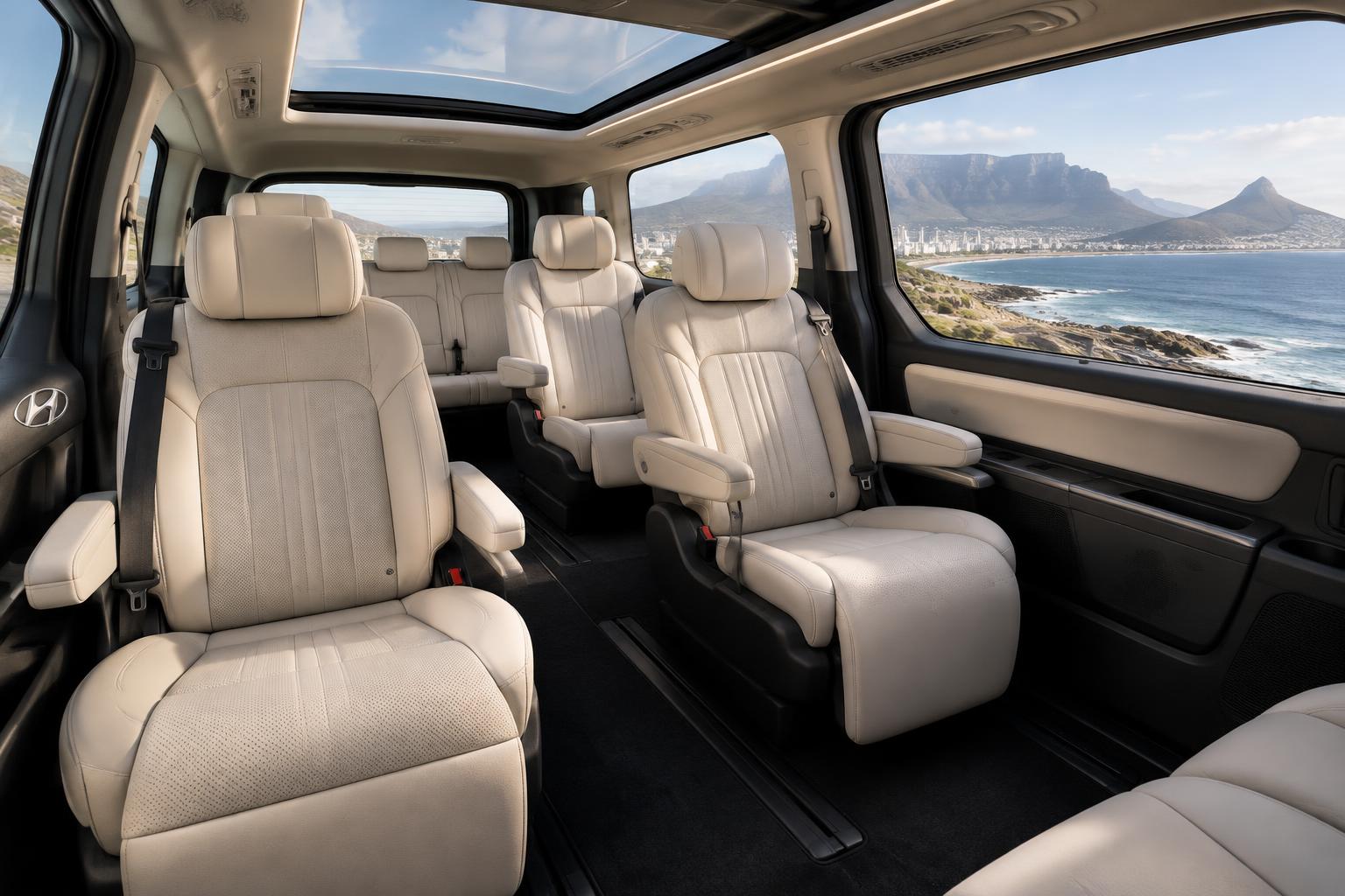 Spacious cream leather seats inside a Hyundai Staria with a view of the Cape Town coastline